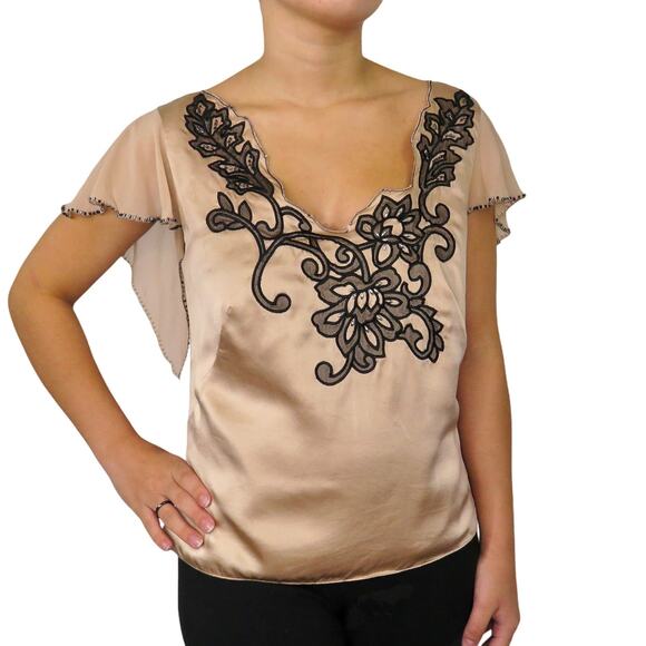 90s Vintage Pappel Studio Tan Creme Satin Embroidered Glam Regency Blouse Small - Picture 1 of 5